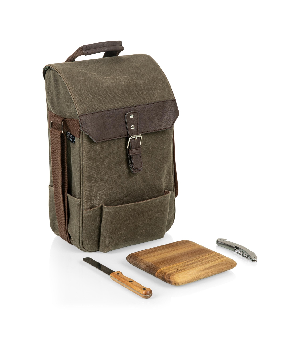 Legacy by Picnic Time 2 Bottle Insulated Wine & Cheese Cooler with Cheese Board, Knife & Corkscrew - Khaki Green