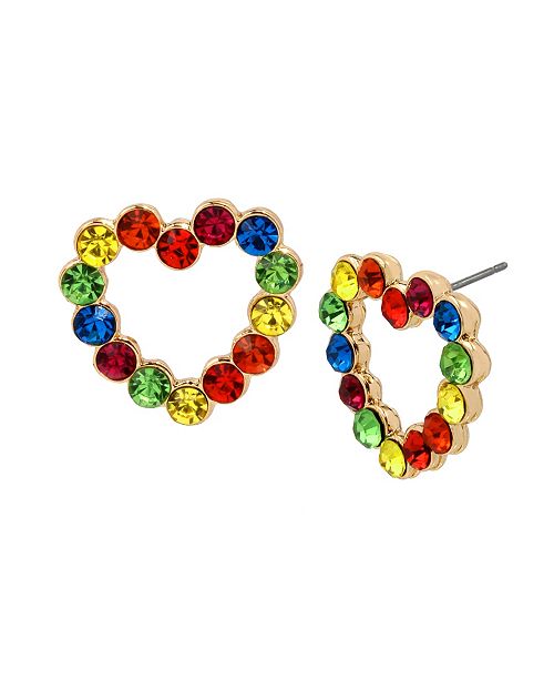Betsey Johnson Rainbow Stone Heart Stud Earrings In Gold Tone