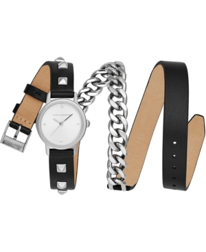 image of Rebecca Minkoff Women-s Bffl Stainless Steel Chain & Black Leather Triple Wrap Strap Watch 25mm