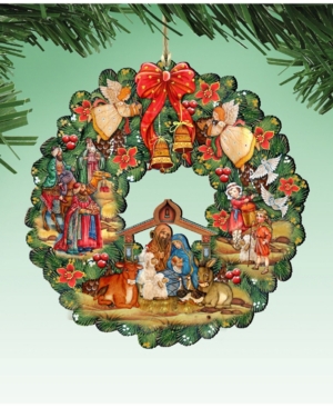 Designocracy Nativity Wreath Wooden Ornaments Set of 2