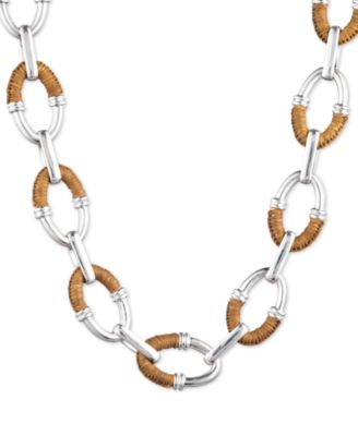 Lauren Ralph Lauren - Silver-Tone Raffia-Wrapped Oval Link 18-1/4" Collar Necklace