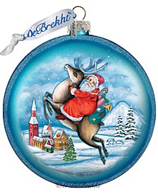 Reindeer Santa Glass Ornament