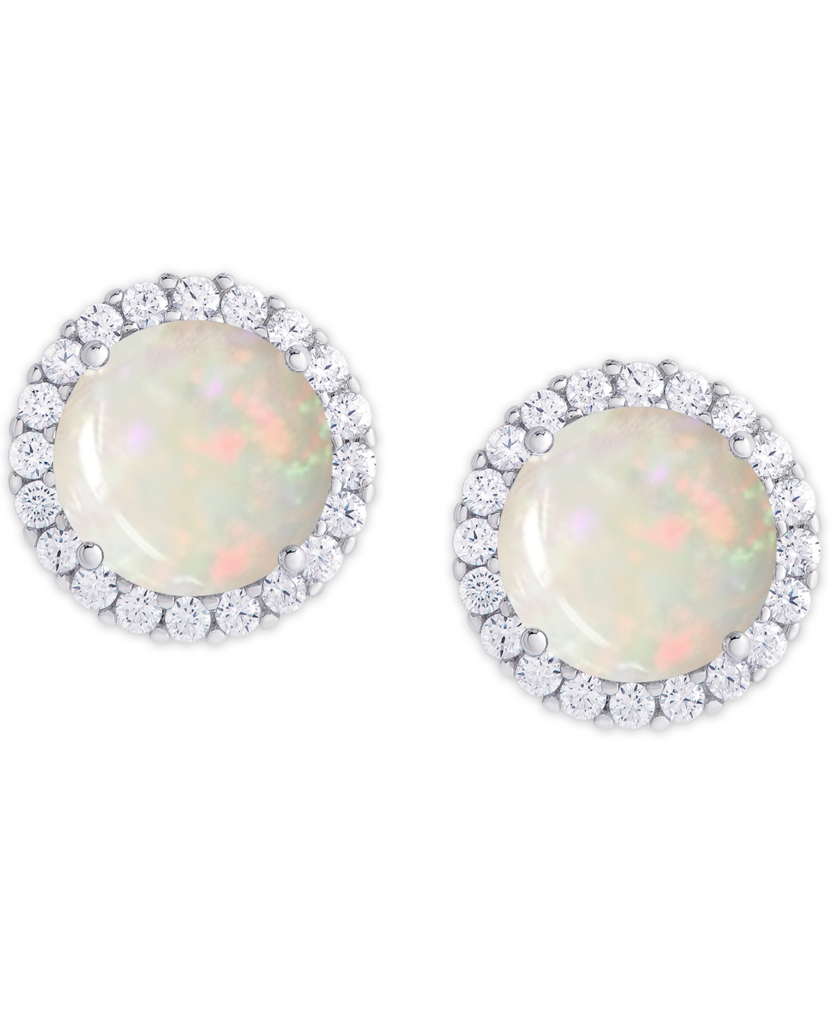 Macy's Birthstone Round Cubic Zirconia Halo Solitaire Stud Earrings In Silver Plate In October,simulated Opal