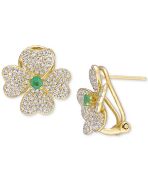 image of Emerald (1/5 ct. t.w.) & Diamond (1 ct. t.w.) Heart Clover Omega Back Earrings in 18k Gold