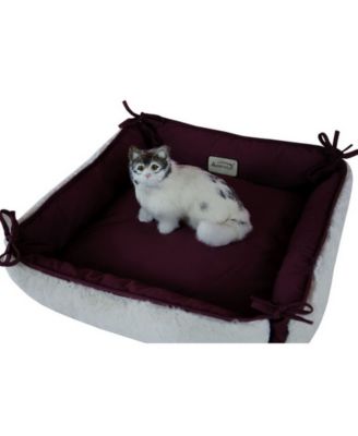 2-In-1 Cat Pet Bed & Fleece Cat Mat, Burgundy/Ivory - Extra Thick Poly Fill, Machine Washable