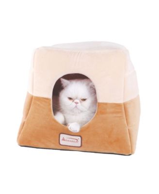 2-In-1 Cat Bed Cave Shape And Cuddle Pet Bed, Brown/Beige - Waterproof Base, Soft Velvet Covering