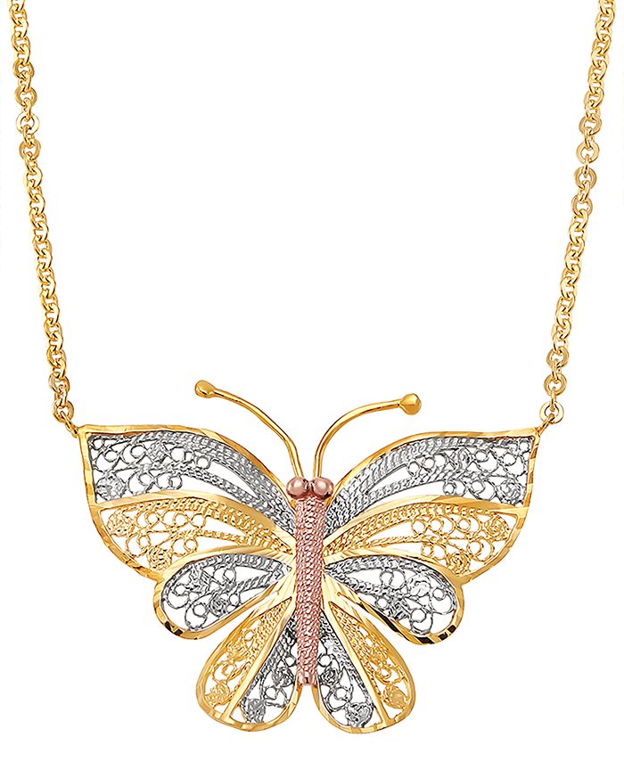 Macy's Lacy Tricolor Butterfly 17" Pendant Necklace in Sterling Silver
