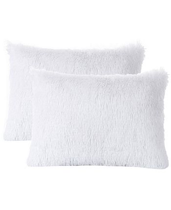 Cheer Collection Shaggy Long Hair Throw Pillows- Set of 2 - Blue