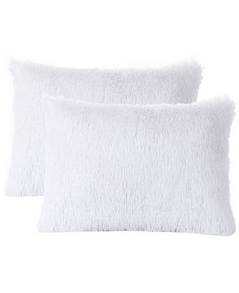 Cheer Collection Set of 2 Shaggy Long Hair Throw Pillows - White - 18 x 18 in