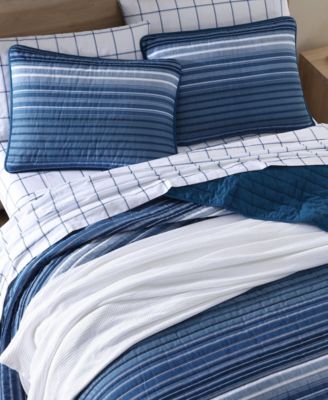Coveside Blue Cotton Reversible 3-Piece Quilt Set, Full/Queen