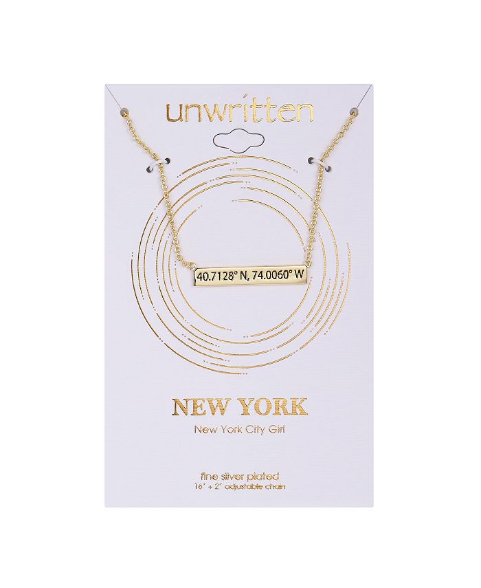 Unwritten - Gold Flash Plated New York City Coordinates Bar Pendant, 16"+2" Extender