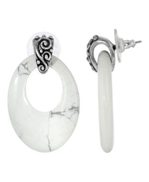 image of 2028 Pewter Semi Precious Oval Howlite Hoop Earrings