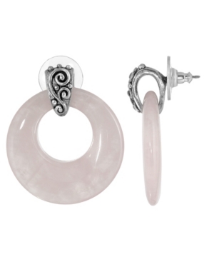 image of 2028 Pewter Semi Precious Round Rose Quarts Hoop Earrings