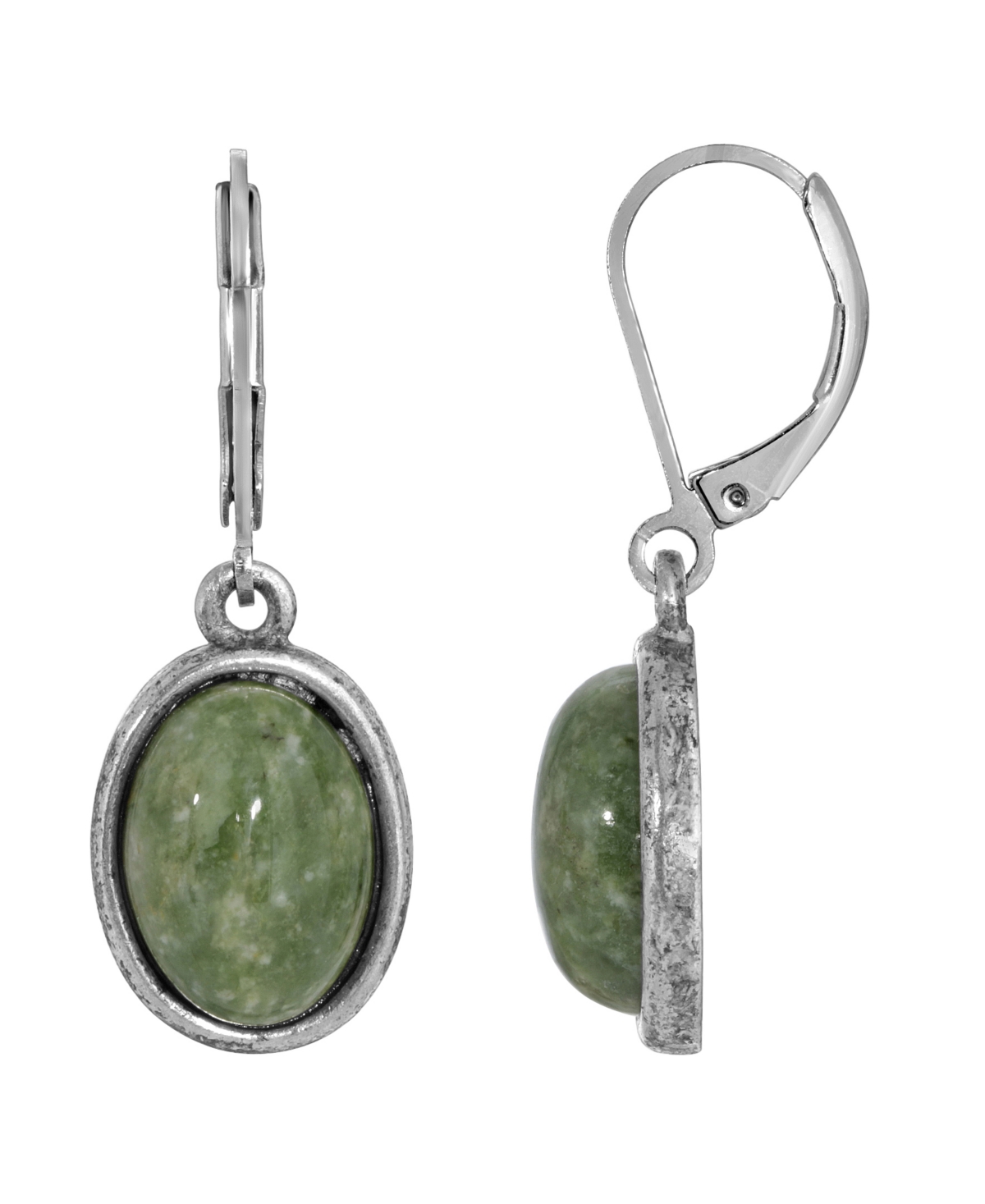 2028 Silver-tone Semi Precious Jade Oval Drop Earrings In Green