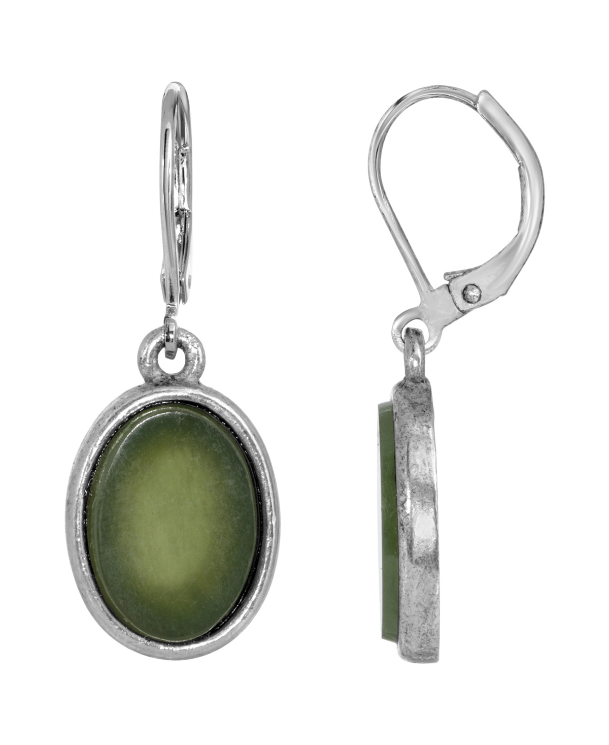 2028 Silver-tone Semi Precious Jade Oval Drop Earrings In Green