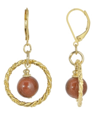image of 2028 Gold-Tone Genuine Stone Sandstone Round Stone Hoop Earrings