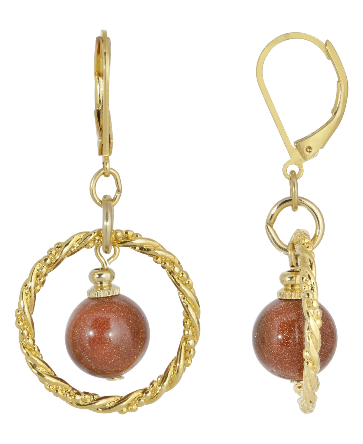 2028 Gold-tone Genuine Stone Sandstone Round Stone Hoop Earrings In Brown