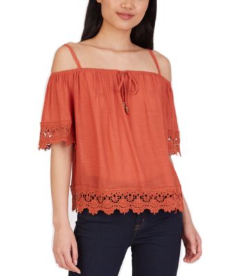 BCX - Juniors' Crochet-Trim Cold-Shoulder Top