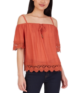 image of Bcx Juniors- Crochet-Trim Cold-Shoulder Top