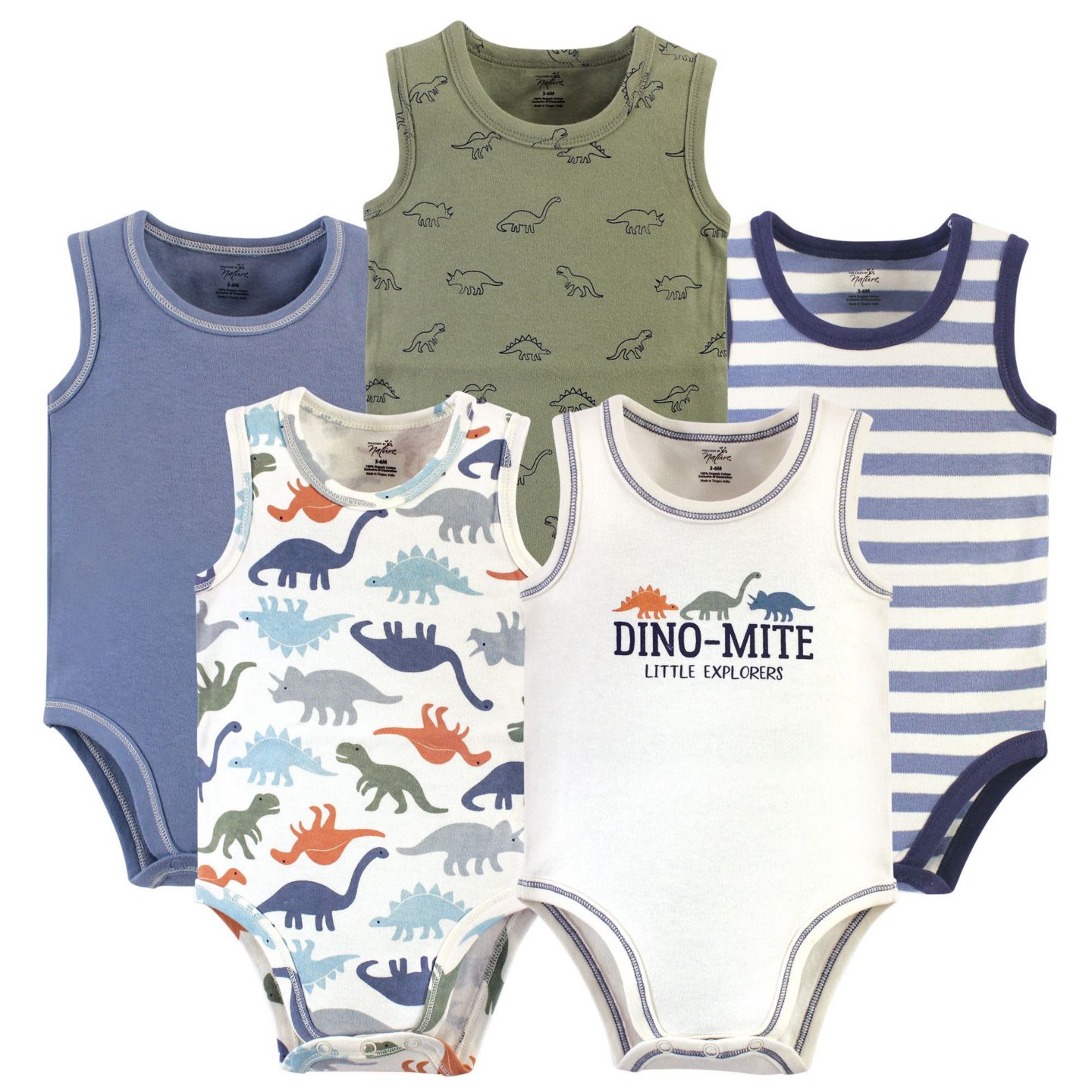 Touched by Nature Baby Boys Five-Piece Natural Cotton Sleeveless Onesies, цвет: Bold Dinosaurs — фото 1
