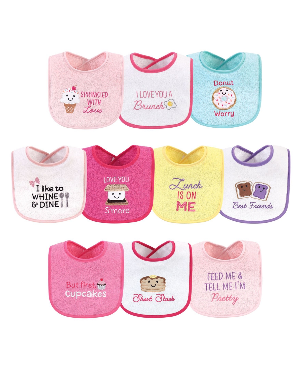 Hudson Baby Infant Girl Cotton Terry Drooler Bibs with Fiber Filling 10pk, Food Girl, One Size
