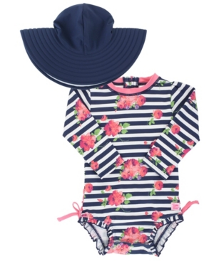 image of RuffleButts Baby Girls Floral Stripe One Piece Swimsuit and Swim Hat Set
