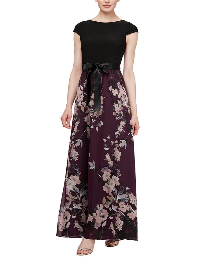 SL Fashions Cap-Sleeve Floral-Skirt Gown - Macy's
