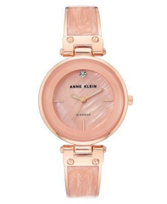 Anne Klein - Women's Diamond-Accent Rose Gold-Tone & Pink Marble Acrylic Bangle Bracelet Watch 34mm