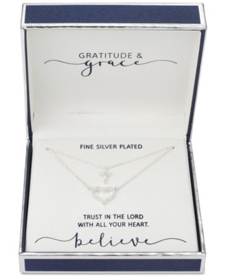 Gratitude & Grace Cubic Zirconia Heart and Cross Layered Pendant Necklace in Silver-Plate, 16
