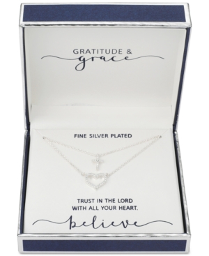 image of Gratitude & Grace Cubic Zirconia Heart and Cross Layered Pendant Necklace in Fine Silver-Plate, 16