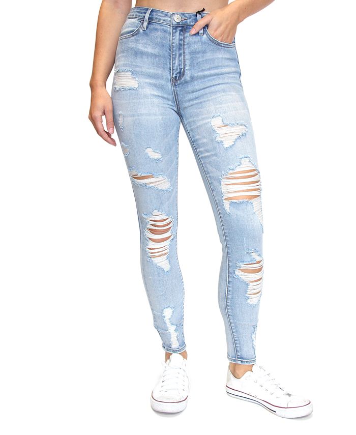 Almost Famous Juniors' Destructed High-Rise Skinny Jeans - Macy's