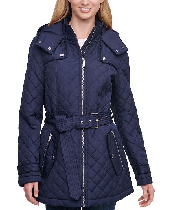 Tommy Hilfiger Belted Hooded Quilted Coat, Created for Macy's & Reviews ...