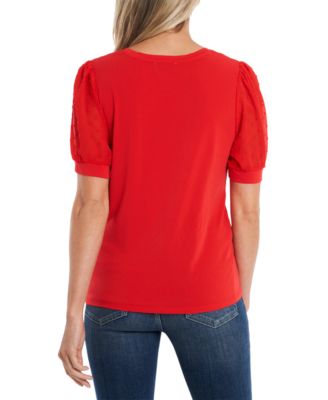 Women's Short Puff-Sleeve Mixed Media Knit Top