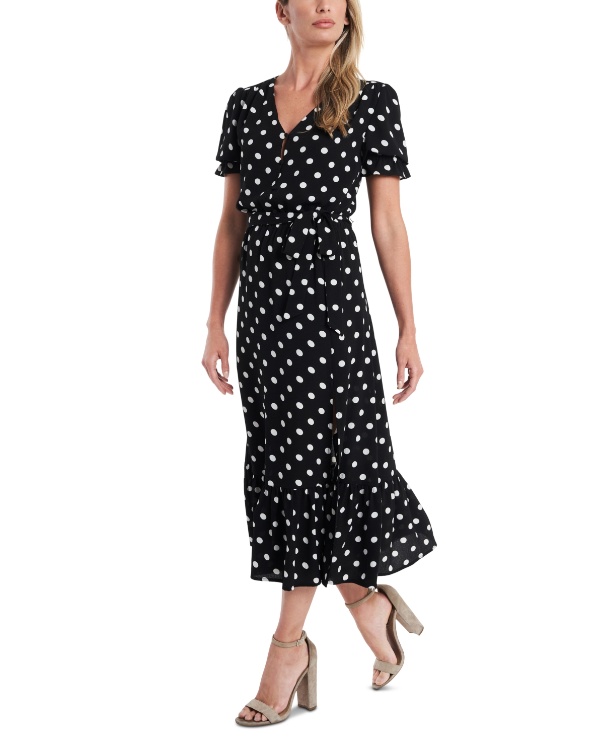 Women's Short Sleeve Polka-Dot Tie-Waist Midi Dress - Rich Black