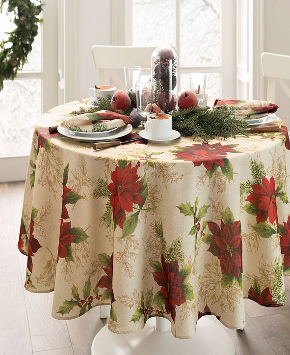 Elrene Festive Poinsettia Holiday Oval Tablecloth ...
