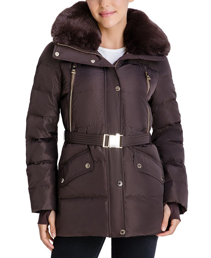 Michael Kors Belted Faux Fur Trim, Michael Kors Women S Belted Faux Fur Trim Hooded Puffer Coat