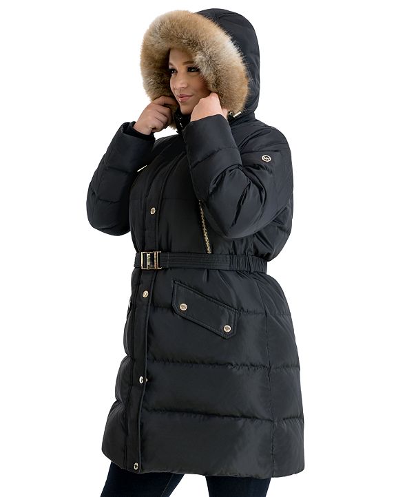 Michael Kors Plus Size Belted Faux-Fur Trim Hooded Puffer Coat ...