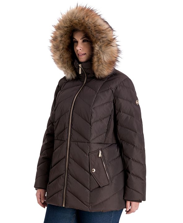 michael kors women's faux fur trim hooded puffer coat