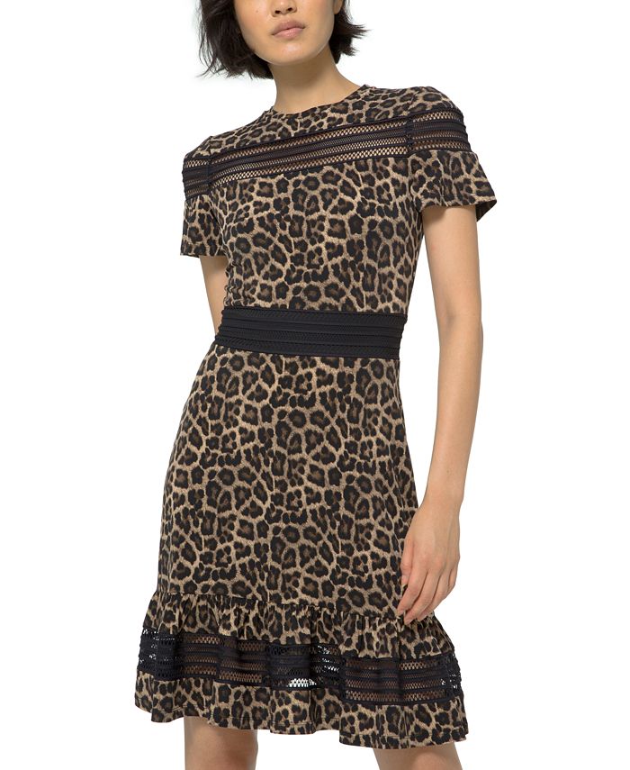 Michael Petite Leopard-Print Mesh-Trim Dress Reviews - Dresses - Women - Macy's