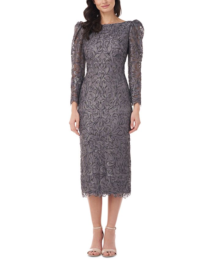 JS Collections Puff-Sleeve Lace Midi Dress - Macy's