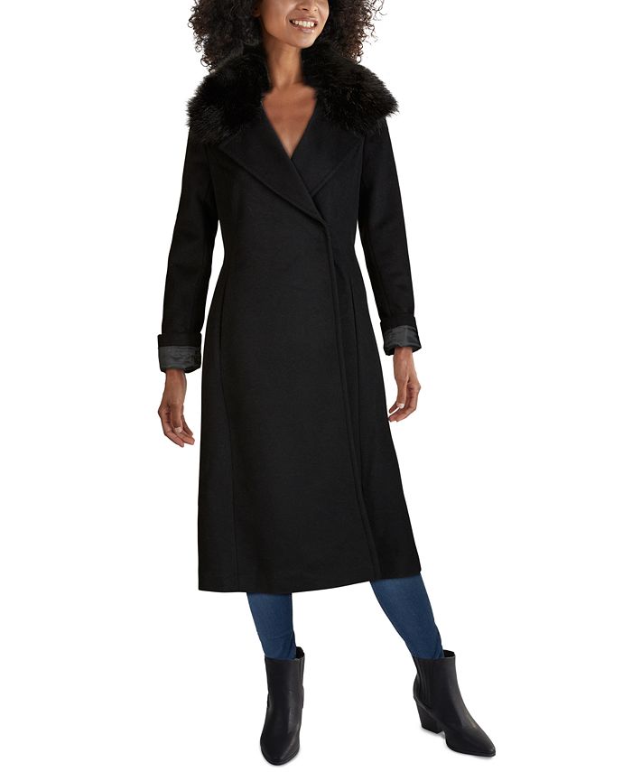 Cole Haan Faux-Fur Collar Belted Wrap Coat - Macy's