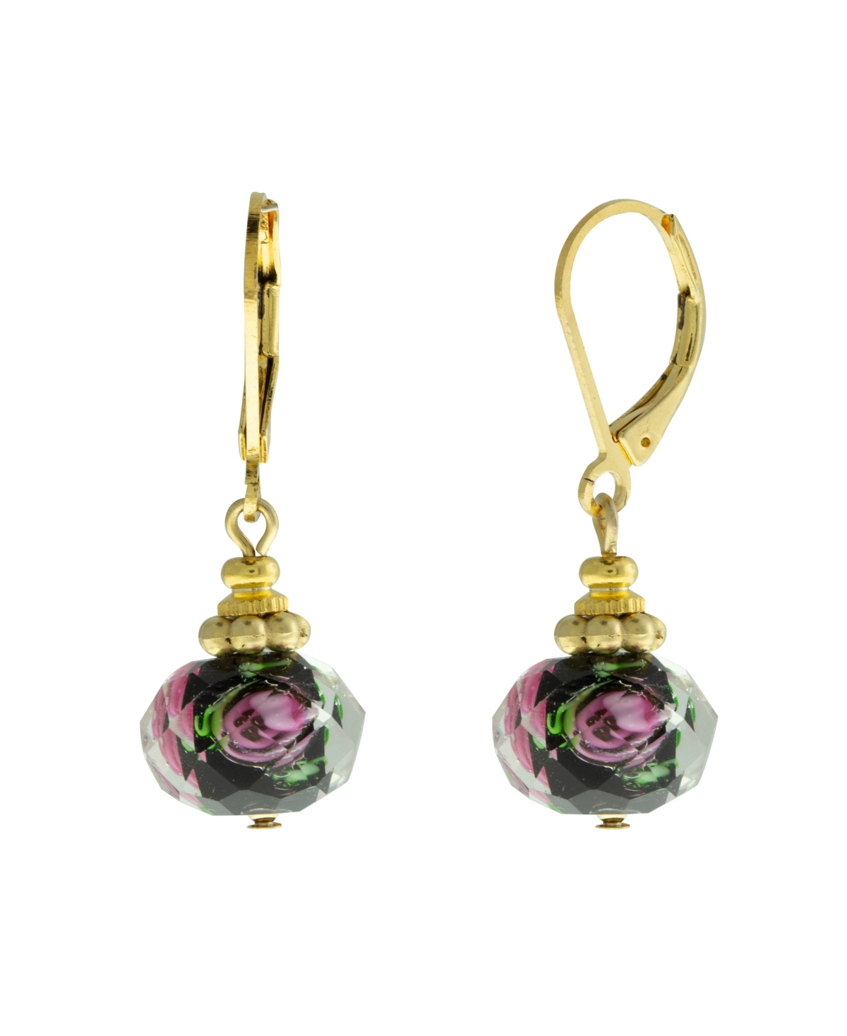2028 Gold-tone Black Bead Pink Flower Earring In Pink