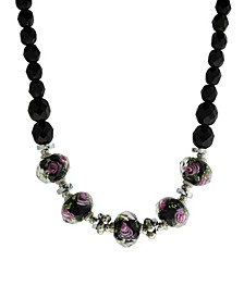 Silver-Tone Black Floral Beaded 15" Adjustable Necklace