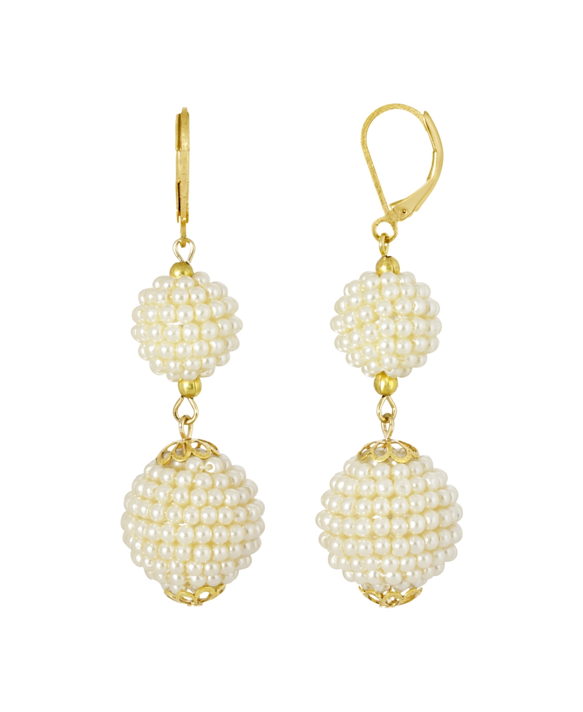 2028 Gold-tone Double Seeded Imitation Pearl Drop Ball Earrings In White