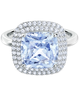 image of Swarovski Silver-Tone Pave & Blue Crystal Square Ring