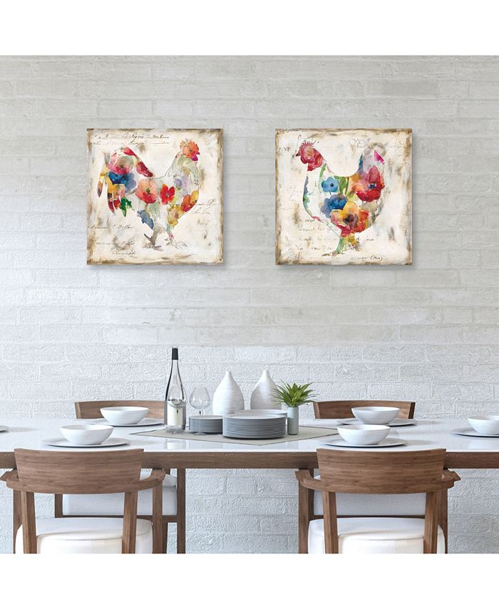 Fine Art Canvas Flowered Hen & Rooster by Carol Robinson Set of Canvas ...
