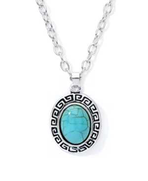 image of Macy-s Simulated Turquoise Fine Silver Plated Oval Greek Key Design Pendant Necklace