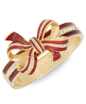 Holiday Lane - Gold-Tone Pav&eacute; & Glitter Red Tied-Bow Bangle Bracelet