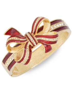 image of Holiday Lane Gold-Tone Pave & Glitter Red Tied-Bow Bangle Bracelet, Created for Macy-s