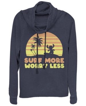 Fifth Sun Juniors Disney Stitch Surf More Worry Less Fleece Cowl Neck Sweatshirt